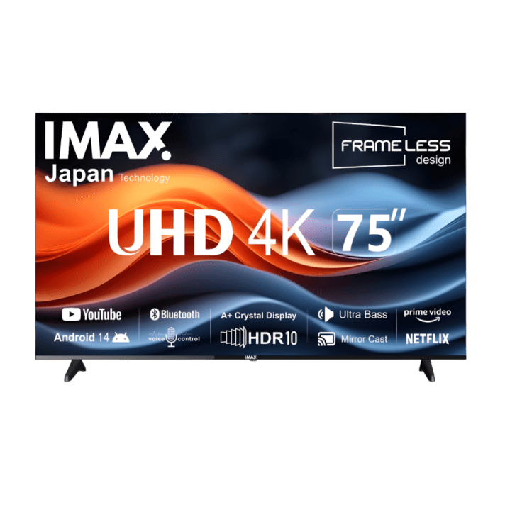 IMAX 75 inch Smart Android 14 Bluetooth 4K UHD HDR LED Frameless TV with Smart Remote